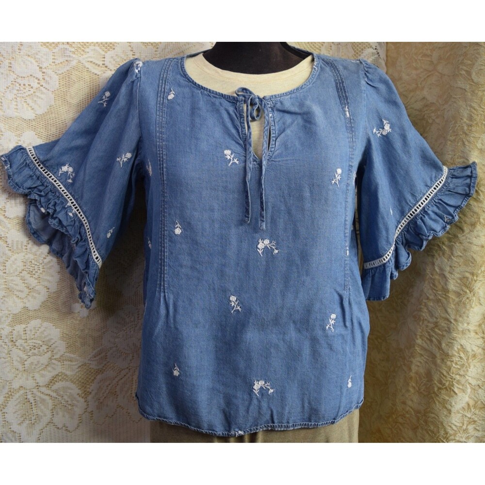 Lauren Conrad Womens Sz M Cottage Peasant Fairie Embroidered Lyocell Blue Blouse